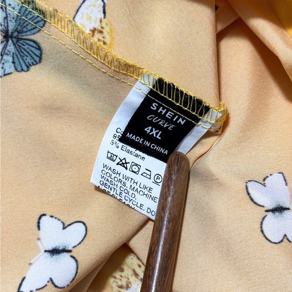 Shein Curve 4XL Yellow Butterfly Print Tie Front Puff Sleeve Peplum Blouse NWOT - Picture 9 of 10